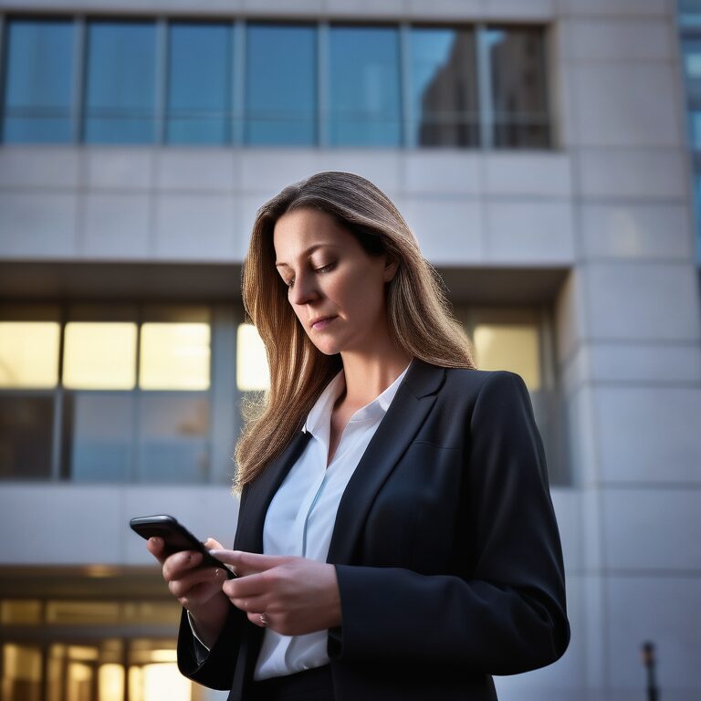 Female lawyer using smartphone outside a courthouse, representing local SEO expertise.