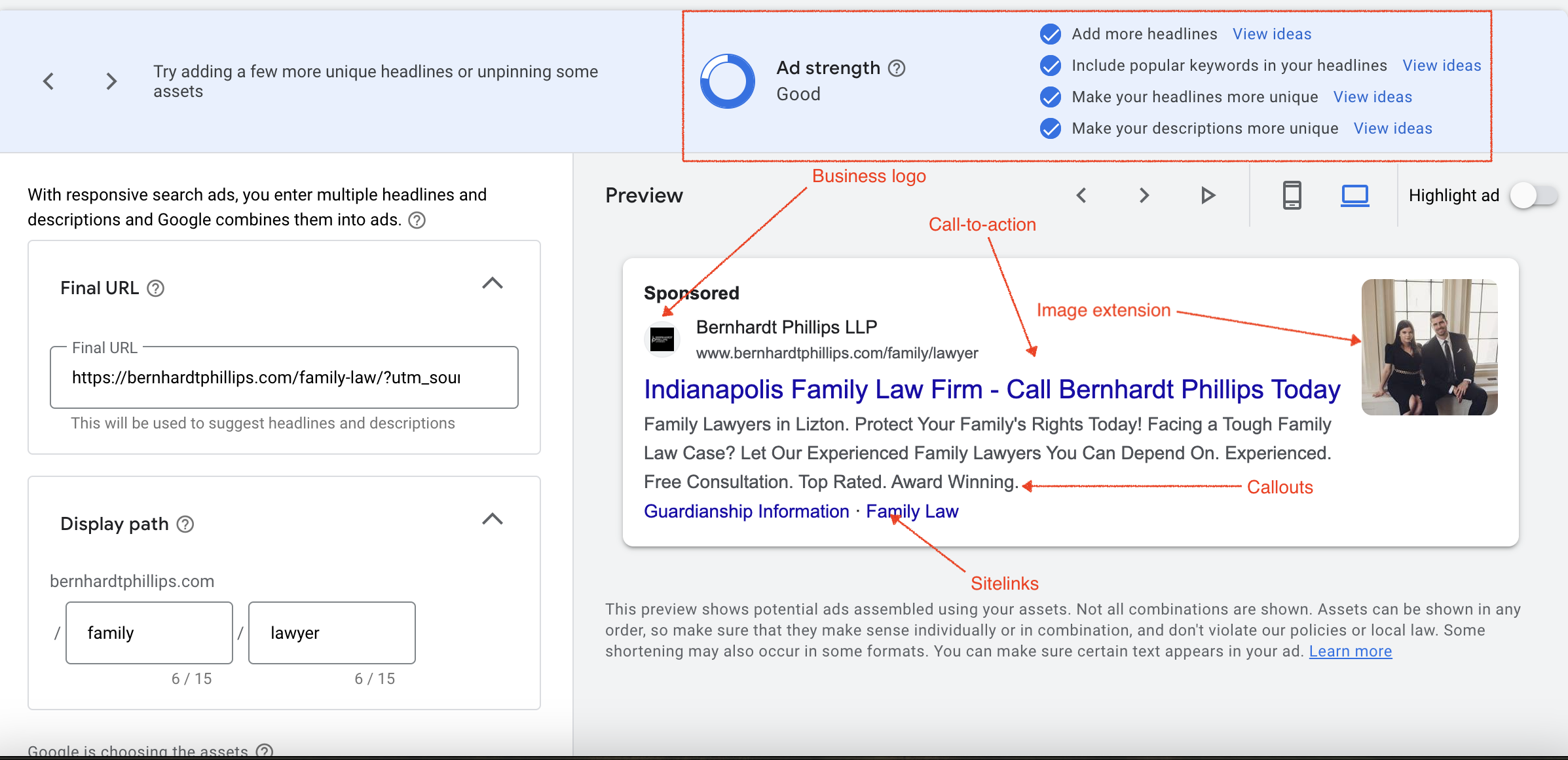 Google RSA Ad Extensions Example for Law Firms